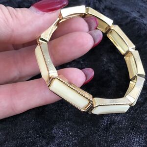 Stretch Bracelet White Rectangle Beads With Gold Tone Trim Glows
